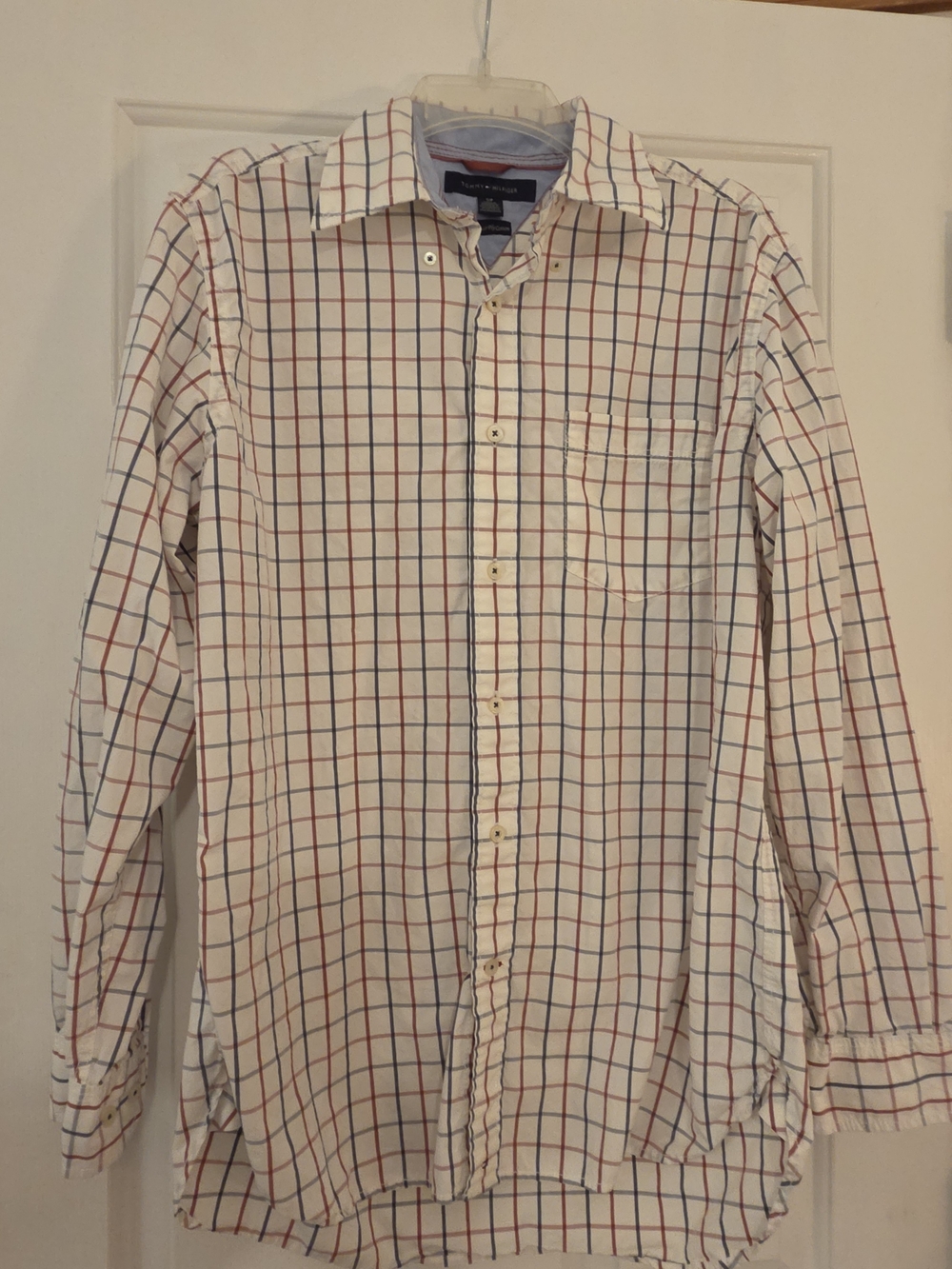 Tommy Hilfiger Cream Button-Down Shirt with Red and Blue Windowpane Y2K Vintage